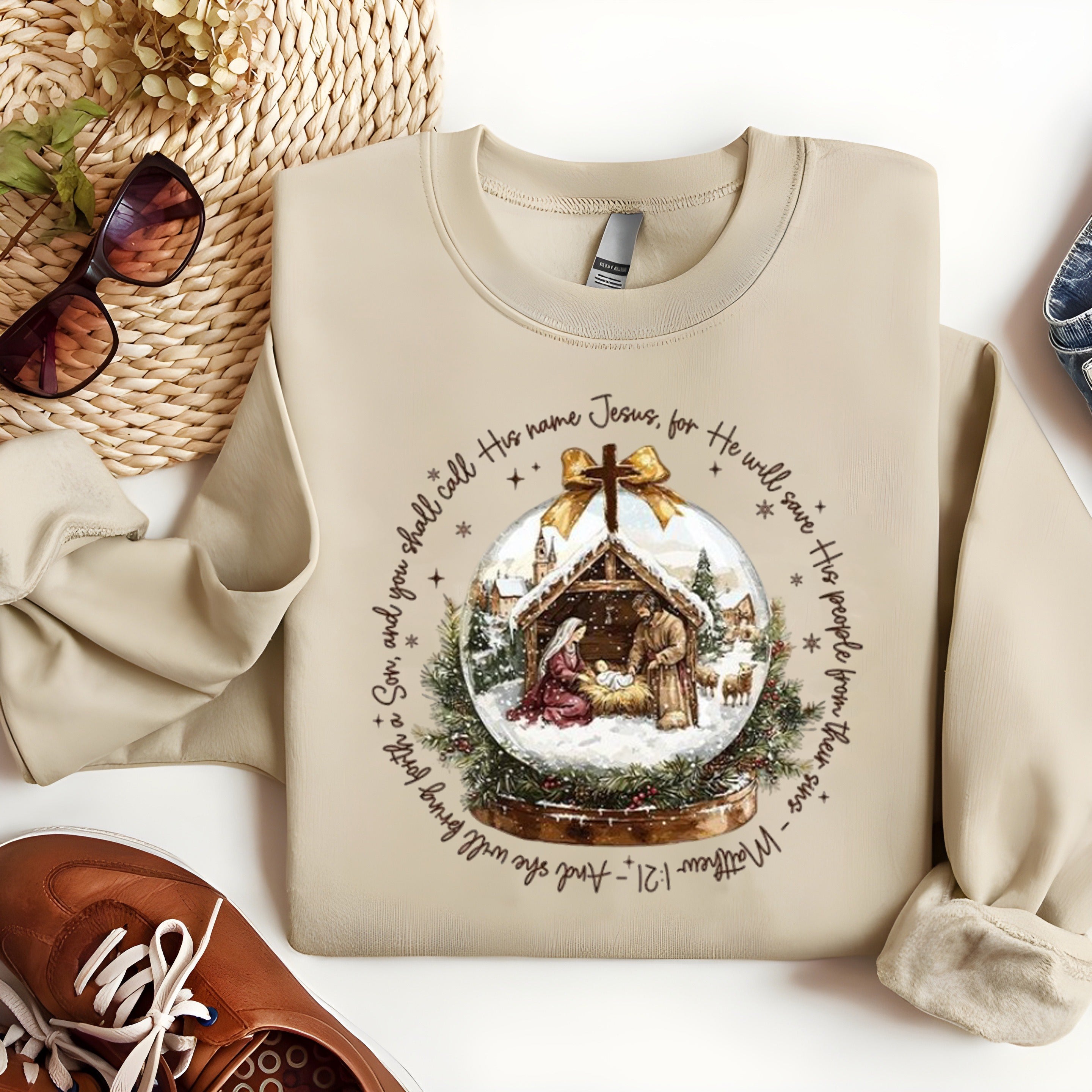 Nativity Scene Christmas Sweatshirt, Matthew 1:21 Bible Verse Pullover, Christian Holiday Religious Crewneck